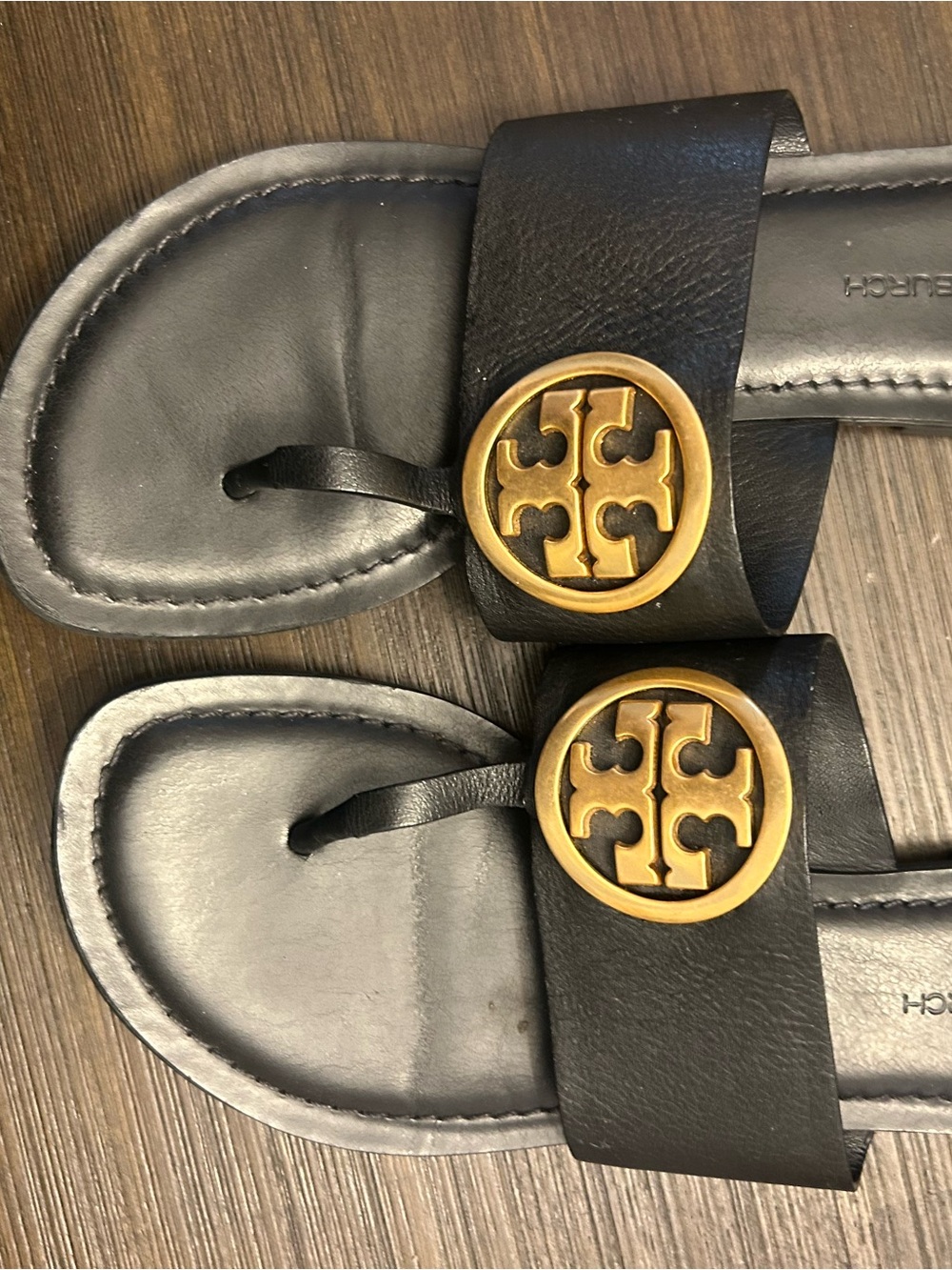 Tory Burch Black Leather Sandals with Gold Logo Medallions